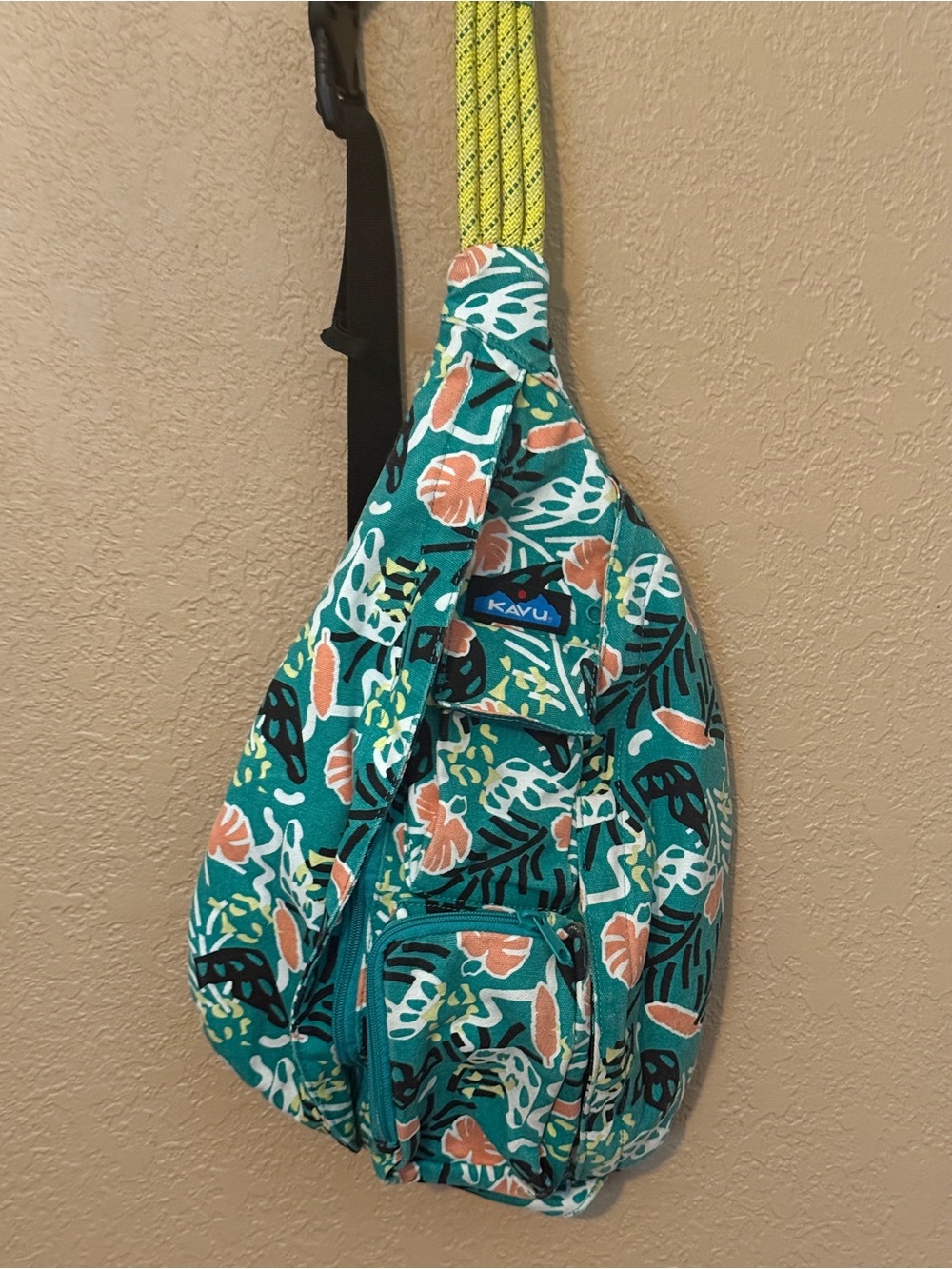 Kavu Teal Floral Rope-Strap Sling Belt Bag
